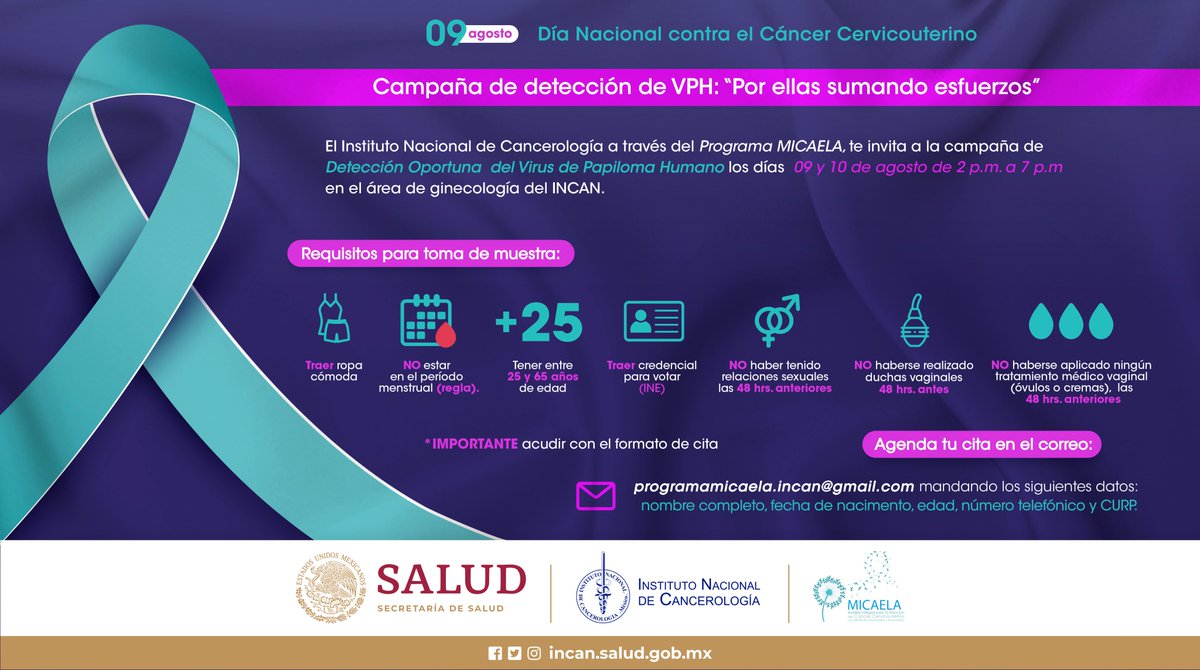 incanMX's tweet photo. En el marco de las actividades por el Día Nacional contra el Cáncer Cervicouterino, nuestro Programa @MICAELA_INCan  te invita a la jornada de detección que llevará a cabo este 9 y 10 de agosto. ¡Te esperamos! https://t.co/TAzV4Qsi2W