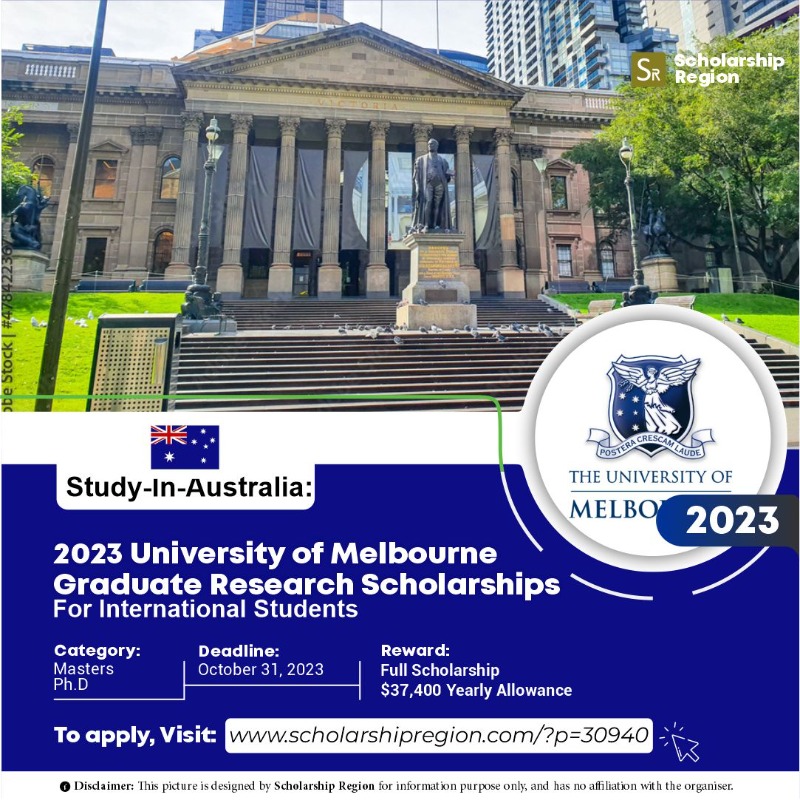 scholarsregion's tweet photo. 2023 University of Melbourne Graduate Research Scholarships For International Students

Apply Link↙️
https://t.co/A1GlfSPGRt

Host Country: Australia

Study Level: 
• Master
• PhD

Eligible: All Countries

Benefits: 
✅Full Scholarship
✅$37,400

Deadline: October 31, 2023