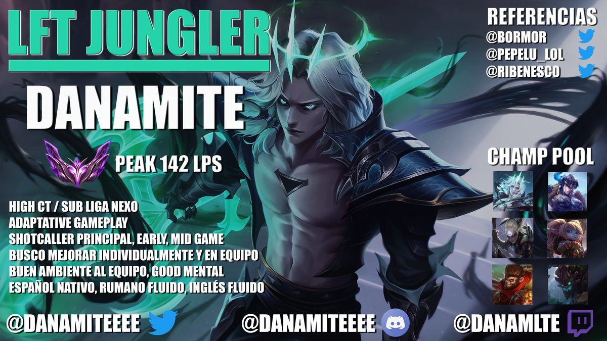 JUNGLA LFT 
Me dispongo a buscar equipo para el split 1 de Circuito Tormenta, después de haber aprendido  en mis primeros splits competitivos,  voy a hacer lo máximo posible este año y el que viene para llegar a liga nexo, RT se aprecian.