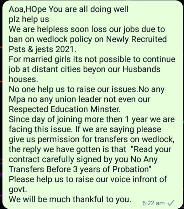 Rippenzil's tweet photo. @MinisterEduGoS Dosry province ki females k liya yahan hain transfer, ineternally 2018 walo k liya b special relaxation hain #wedlockpolicy. sb issues srf 2022 female married teachers ki transfer me hain Kitni females ny travelling me miscarriages tak face kiya hain
#RelaxWedlockPolicy https://t.co/e8bfkiprua