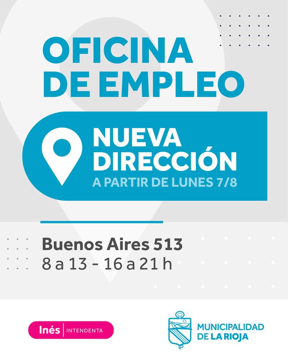 ↘️ ATENCIÓN: Nueva dirección de la Oficina de Empleo Municipal, Buenos Aires 513. Desde el lunes 7/8 en los horarios de 8 a 13hrs y de 16 a 21hrs. 🙋‍♂️🙋‍♀️