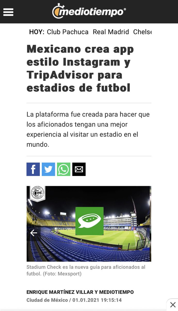 Un día <a href="/mediotiempo/">MedioTiempo</a> me hizo una nota sobre <a href="/StadiumCheck/">StadiumCheck</a> 

Ahora tenemos miles de usuarios registrando sus estadios y esa trayectoria como aficionado que han construido 🏟️✅

Más de 50 ligas, mundiales, champions, amistosos, eliminatorias, etc.

StadiumCheck.com/download