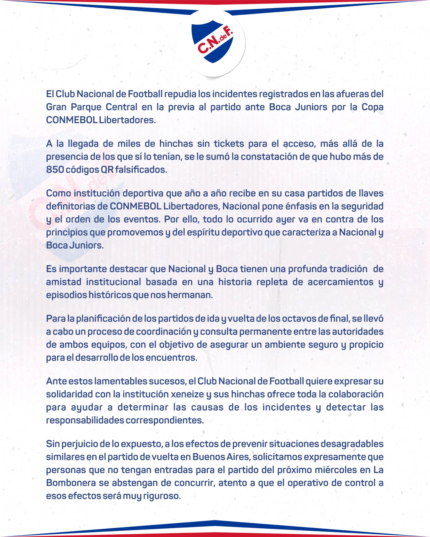 Nacional repudió la represión de la Policía uruguaya a los hinchas de Boca fuera de su estadio
