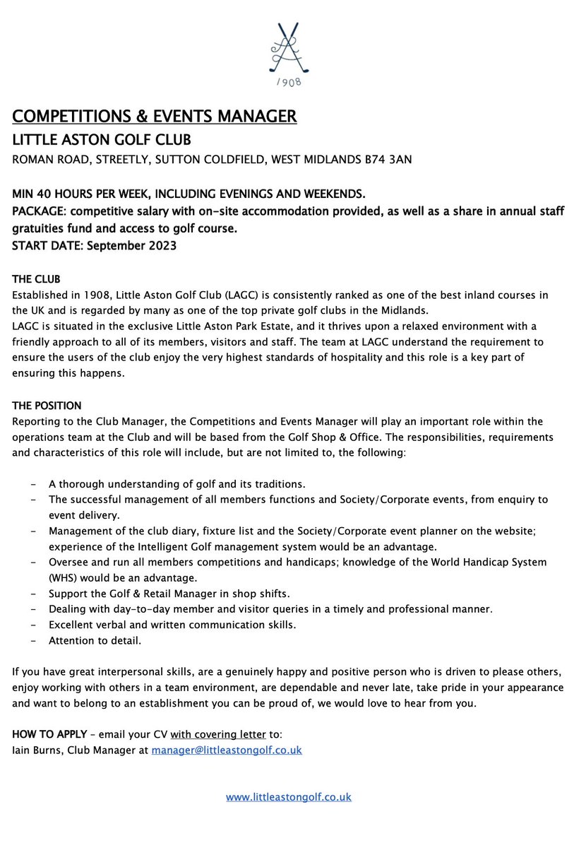 Little Aston GC (@littleastongolf) on Twitter photo Job Opportunity at Little Aston Golf Club:
Competitions & Events Manager
Email your CV and Covering Letter to: Iain Burns, Club Manager at manager@littleastongolf.co.uk Job Opportunity at Little Aston Golf Club:
Competitions & Events Manager
Email your CV and Covering Letter to: Iain Burns, Club Manager at manager@littleastongolf.co.uk