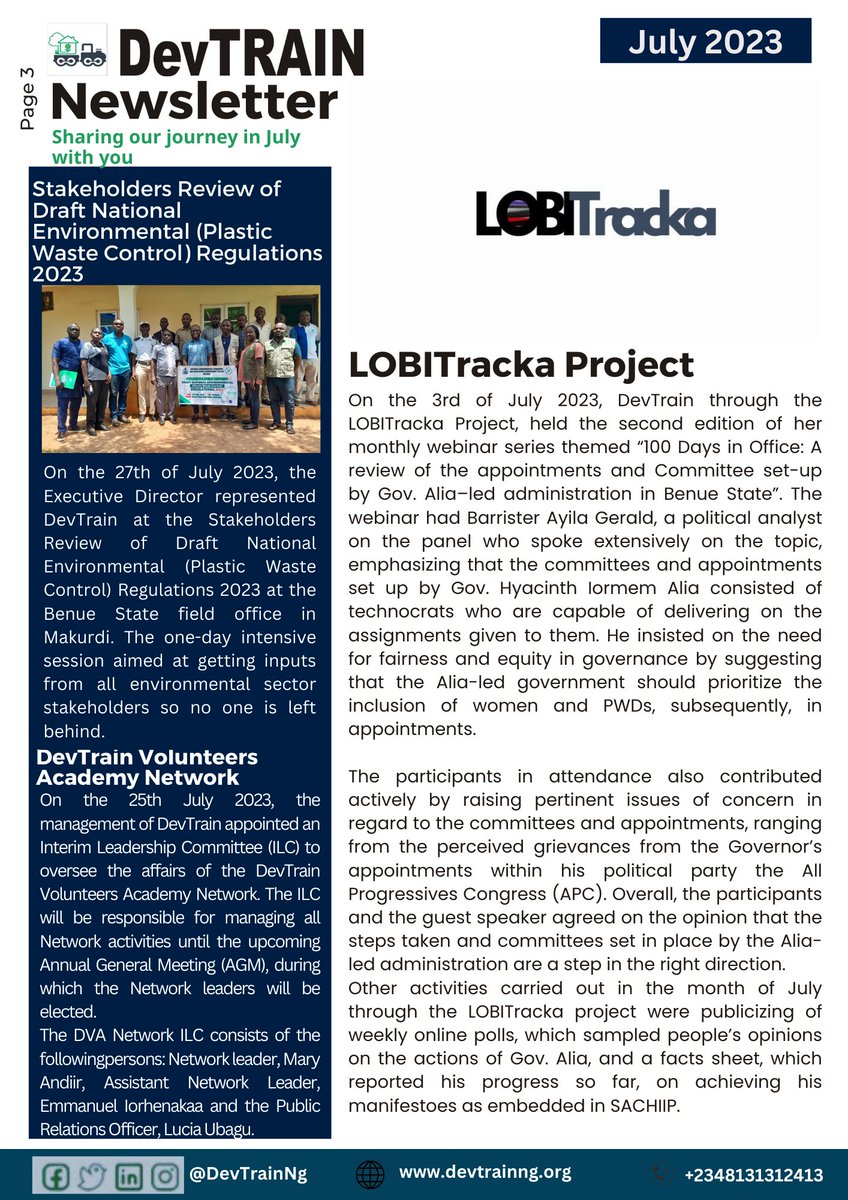 DevTrainNg's tweet photo. We are excited to share the activity highlights for July 2023!
Learn more about the latest stories of our community engagements and capacity building as we continue to foster Sustainable Youth Development in Nigeria. 🇳🇬
#DevTrainNewsletter https://t.co/1v2B4fBRXR