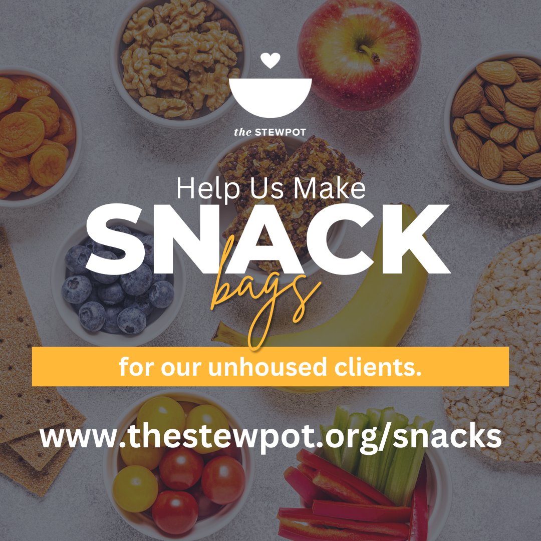 We continue to help clients seeking services like getting their I.D., finding affordable housing, providing meals, and more. While clients are here with us, we want to ensure they always have something to eat if they’re hungry. Just sign up at thestewpot.org/snacks.