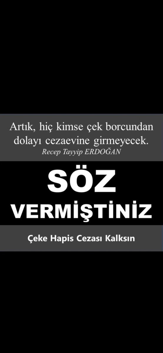 İflas ettik borçluyuz,
Eğer borç HAPİS gerektiriyorsa,
KREDİ KARTINA,
SENEDE
Kredisini ödemeyende benle gelsin.
Sonuç da hepsi Borç ödeyememek ile ilgili değil mi
Çek Cezalarına Af 
ÇekeHapis CezasıKalksın
@BY @yilmaztunc @RTErdogan @YildizFeti @AvOzlemZengin