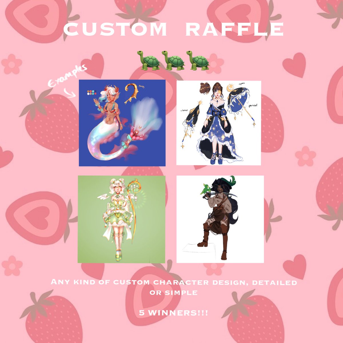 Custom character design raffle! 🐢

ends 15th of August

To enter:
💗Follow
💗Like
💗Rt

There are 5 winners who will each receive any kind of custom character design, can be super detailed or simple ^^