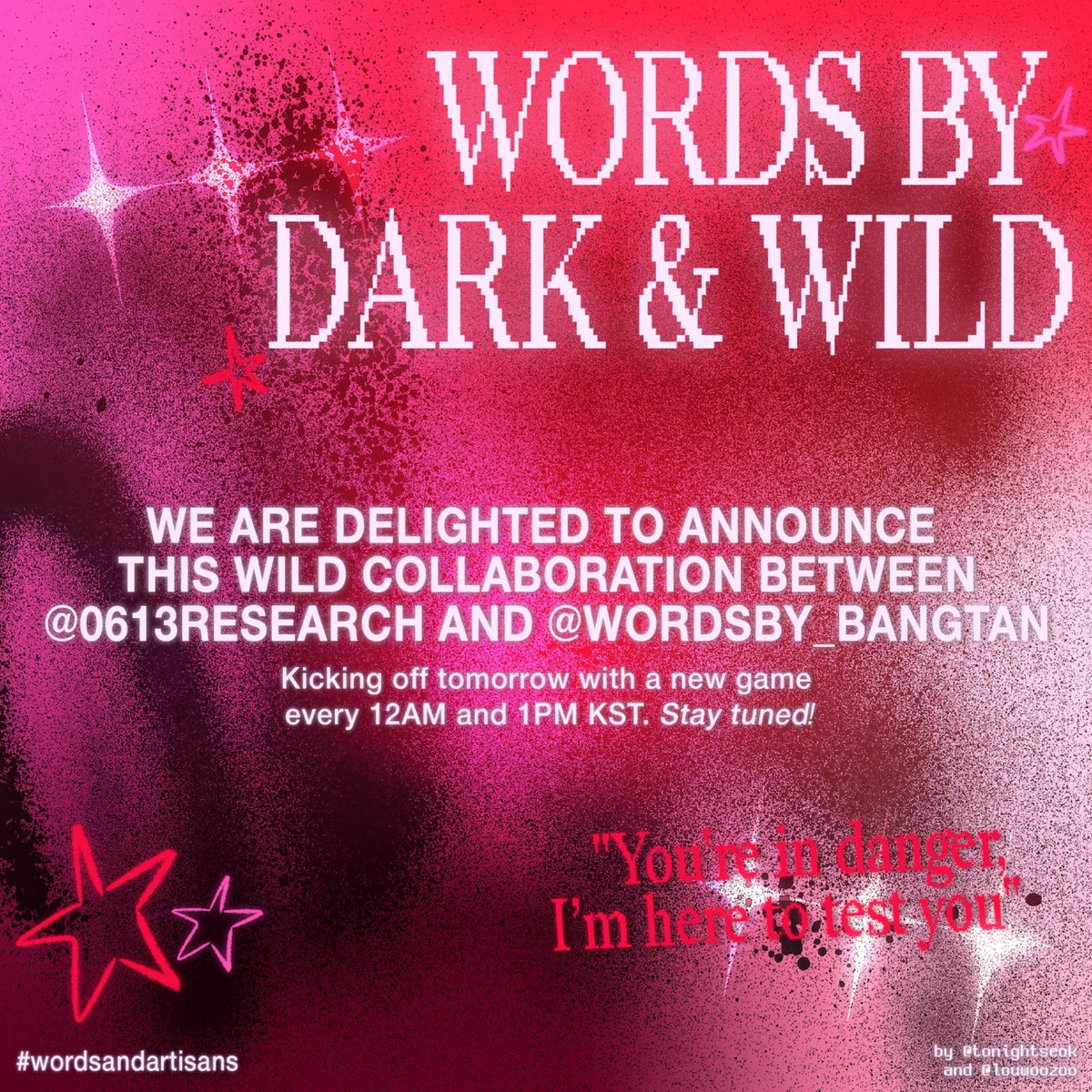 wordsby_bangtan's tweet photo. SURPRISE!
We're back with a little twist on WBB this month, and a collaboration with @0613research! Expect fun surprises from us leading up to the anniversary of D&W and @0613research project!
“ANNOUNCING #WBBAug THEME: Words By Dark & Wild” ~❤🔥
hashtag: #wordsandartisans https://t.co/d32STEEtOM
