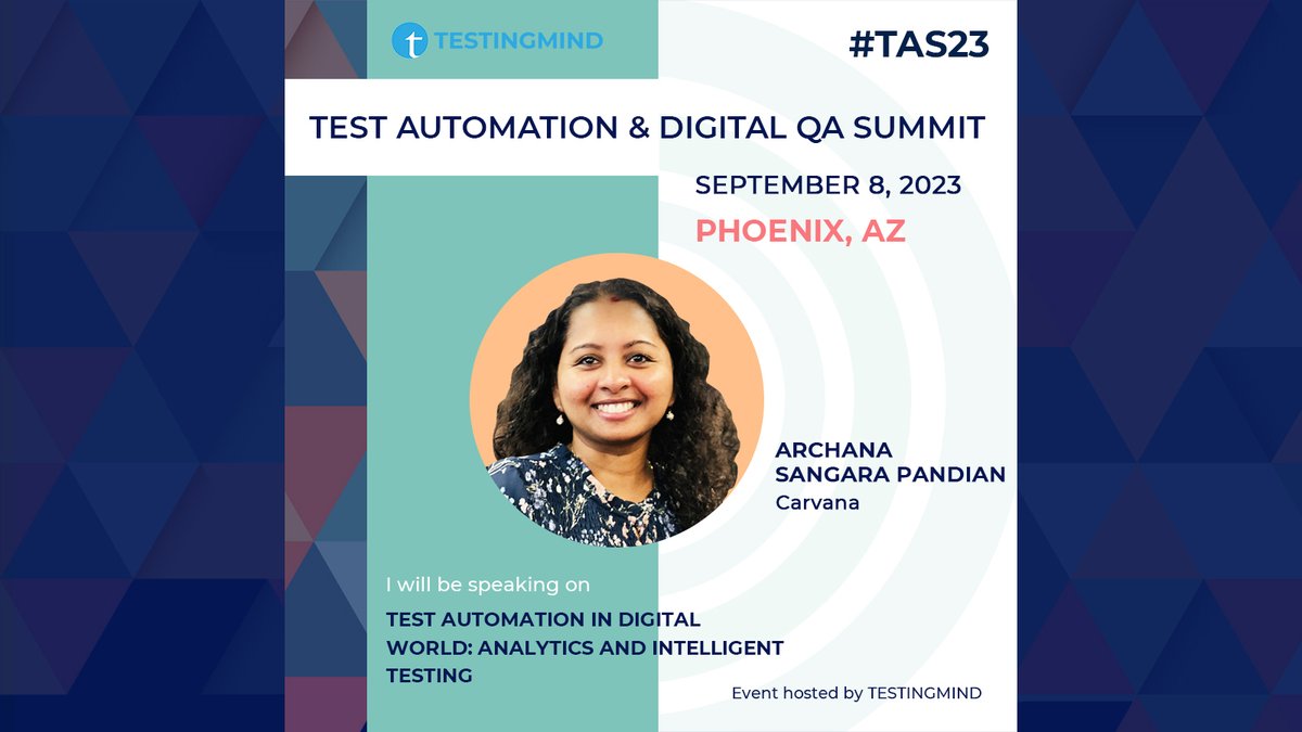 testingmindcon's tweet image. We&apos;re thrilled to announce that ARCHANA SANGARA PANDIAN from Carvana will be a confirmed speaker at the Test Automation Summit in Phoenix, scheduled for 8th September 2023! 🗓️

🔗 To Register: testingmind.com/event/tas2023/…

#TestAutomation #IntelligentTesting #PhoenixSummit