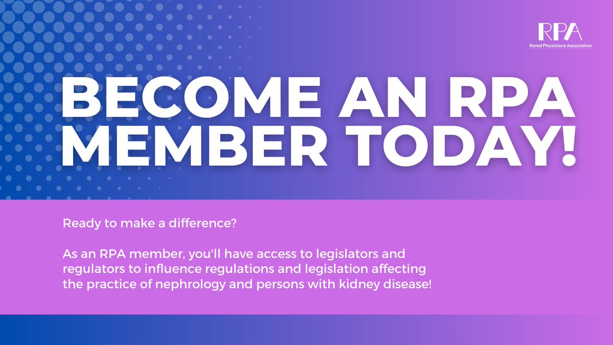 Ready to make a difference? As an RPA member, you'll have access to legislators and regulators to influence regulations and legislation affecting the practice of nephrology and persons with kidney disease! Become an RPA member today: - rpa.users.membersuite.com/auth/portal-lo… - #nephrologist