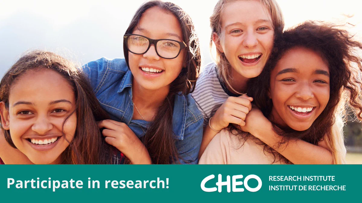 Group of young girls smiling with "Participate in research" text and CHEO Research Institute logo.