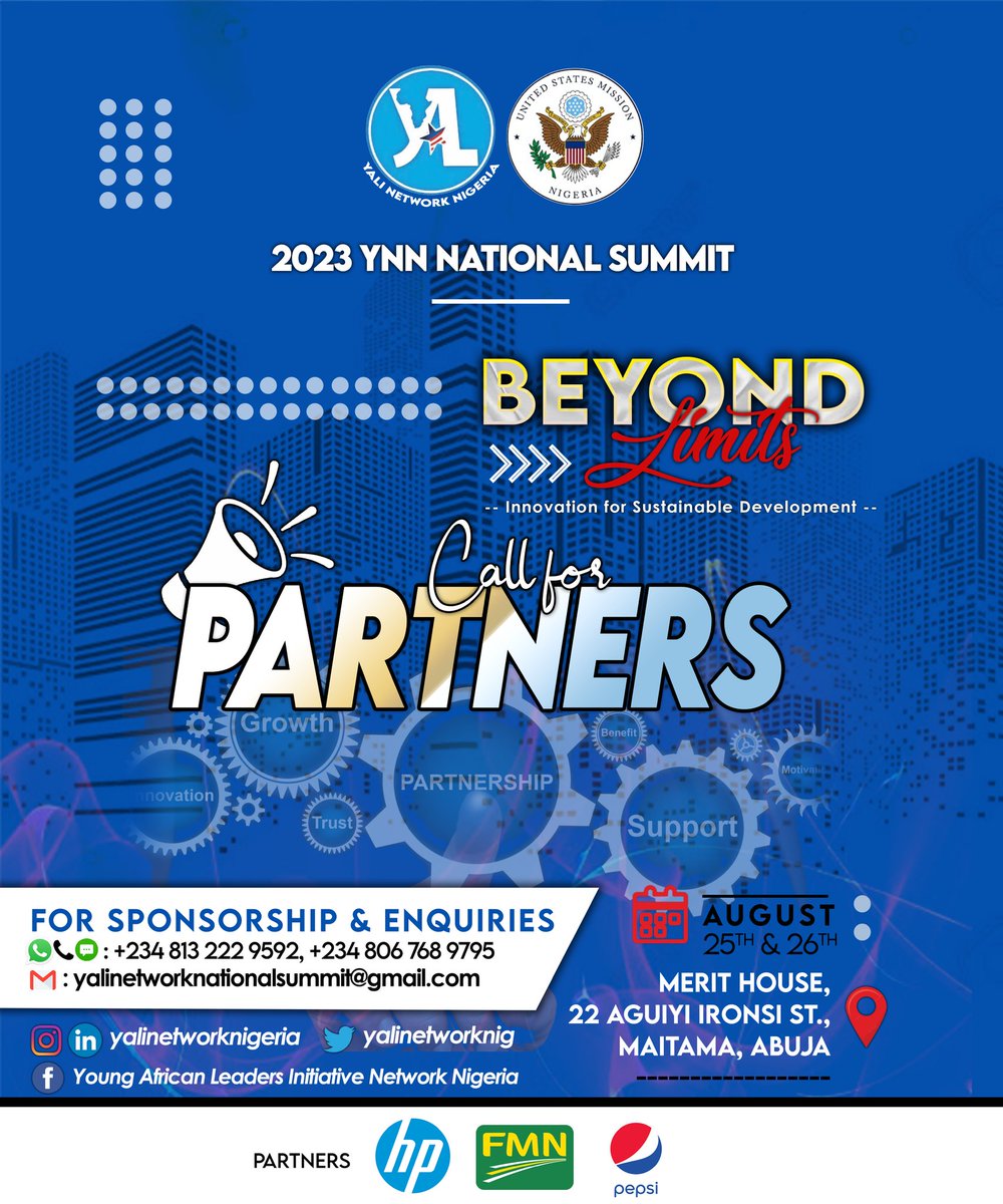 yalinetworknig's tweet photo. Calling all innovative leaders and change-makers! Join us at the YALI Nigeria National Summit 2023, where we go "BEYOND LIMITS" to ignite Innovation for Sustainable Development! 
Mark your calendars for FRI 25TH &amp; SAT 26TH August, 2023, as we gather to shape a brighter future. https://t.co/gs73vDVJgt