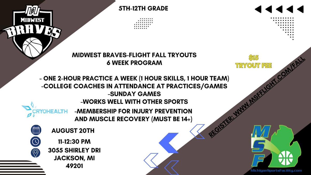 TIME CHANGES FOR FALL TRYOUTS‼️

6 WEEK PROGRAM

5TH-12TH GRADE

AUGUST 20TH
BRAVES-FLIGHT (BOYS) 11-12:30P

REGISTER HERE ---->> MSFFLIGHT.COM/FALL