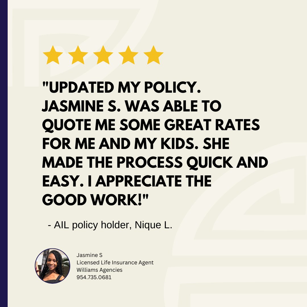 AILWilliamsOrg's tweet photo. We appreciate the ⭐⭐⭐⭐⭐ Nique!!

Our goal is to make getting life insurance simple and easy for everyone, so its always great to hear from our clients that we're doing exactly that!

Thank you Jasmine for securing another family with a great policy. 😎 https://t.co/40zd6jCrM8