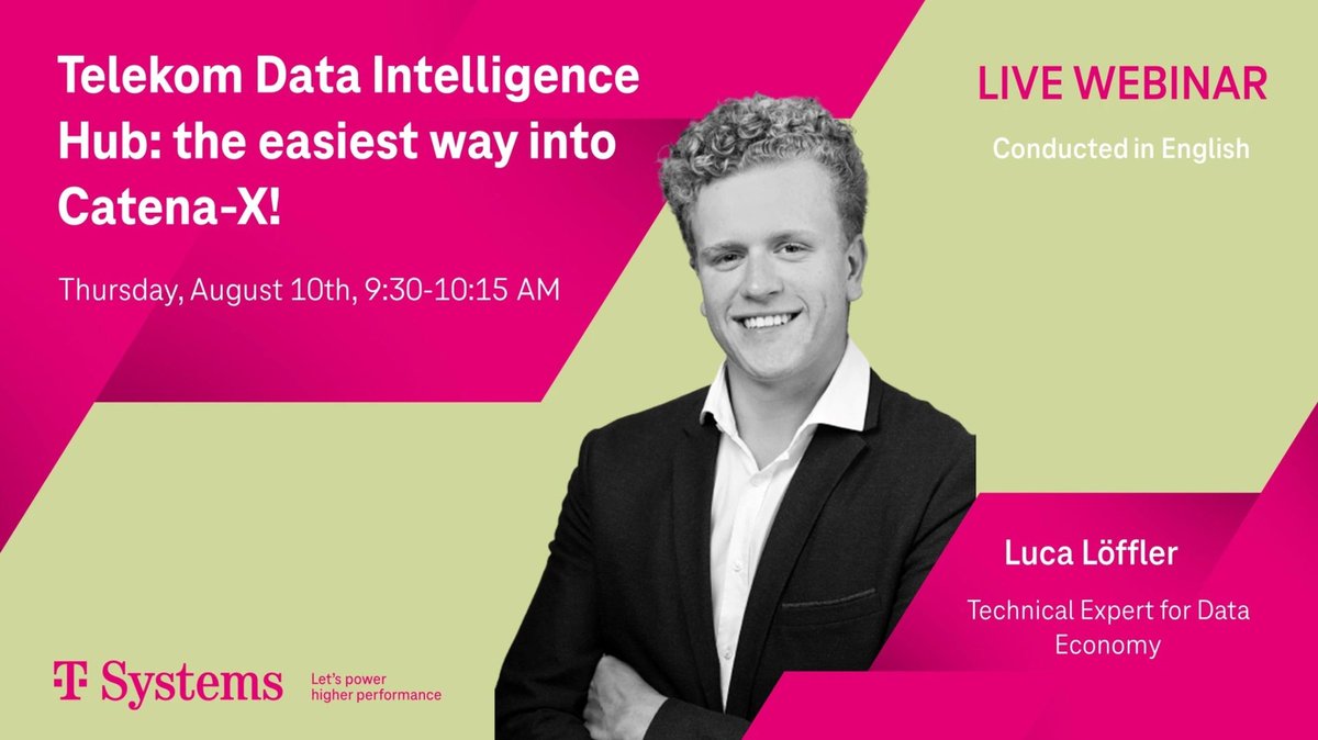 The easiest way into Catena-X? Join Luca Löffler from @tsystemsde Data Intelligence Hub as he showcases the benefits of this innovative automotive ecosystem for all stakeholders & how IDS plays a pivotal role! 🗓️ Aug 10th, 9:30-10:15 CEST 📝 Register now dih.telekom.com/en/events/tele…