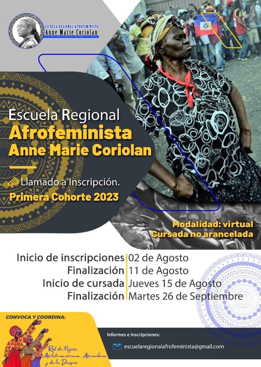CumbreAfro's tweet photo. 📣La #RMAAD hace el llamado a inscripciones de la Escuela Regional Afrofeminista 𝐀𝐧𝐧𝐞 𝐌𝐚𝐫𝐢𝐞 𝐂𝐨𝐫𝐢𝐨𝐥𝐚𝐧 📣
🗣Está dirigido a mujeres y personas de la diversidad lgbtiq+ afrolatinoamericanas, afrocaribeñas y diáspora
Más info: https://t.co/rbjRXmF4bX https://t.co/xvV3Q6zqQk