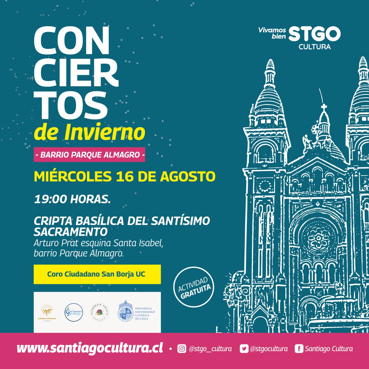 📣🎶#SaveTheDate 👉 acompaña al #CoroCiudadanoSanBorja y a su director, Matías Luna, en un nuevo concierto el miércoles 16/8, a las 19 hrs., en la Basílica del Santísimo Sacramento, ubicada en Santiago. 
¡Actividad gratuita y abierta a todo público!
<a href="/stgocultura/">Santiago Cultura</a> <a href="/ucatolica/">Universidad Católica</a>