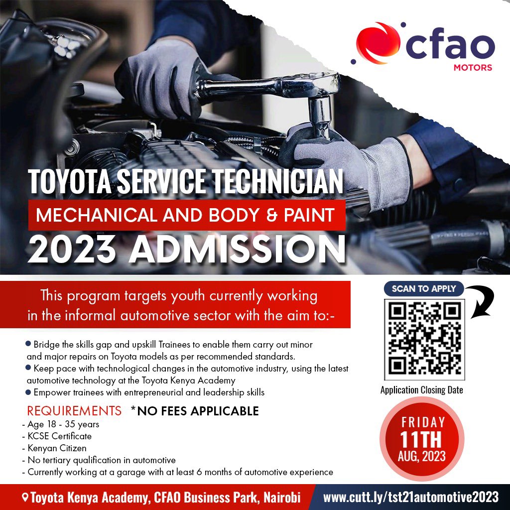 ToyotaCFAOKE's tweet photo. Toyota Academy is proud to launch the Toyota Service Technician Course for Mechanical, Body &amp; Paint. Get hands-on training &amp; take a step towards building a successful career by registering today!
Visit https://t.co/dV6ntCJZqB 

#ToyotaAcademy #CFAOMotorsDrivesKenya https://t.co/wC07wzqM6u