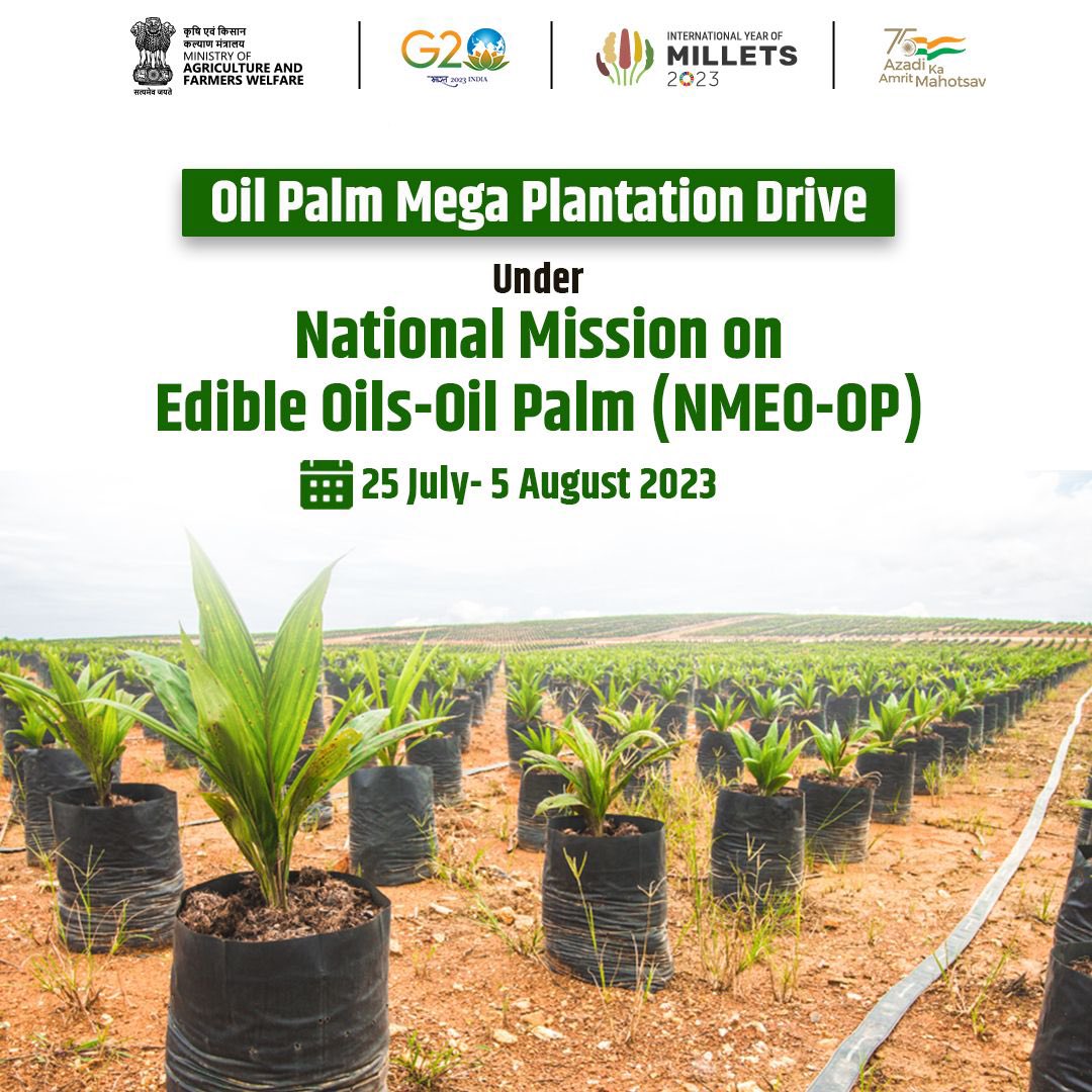 A Mega Oil Palm Plantation drive is being organized under the National Mission on Edible Oils - Oil Palm (NMEO-OP) from July 25th to August 5th 2023, to raise awareness around sustainable oil palm production.  

#Oilpalm #sustainableoilproduction #NMEOOP #AatmanirbharBharat