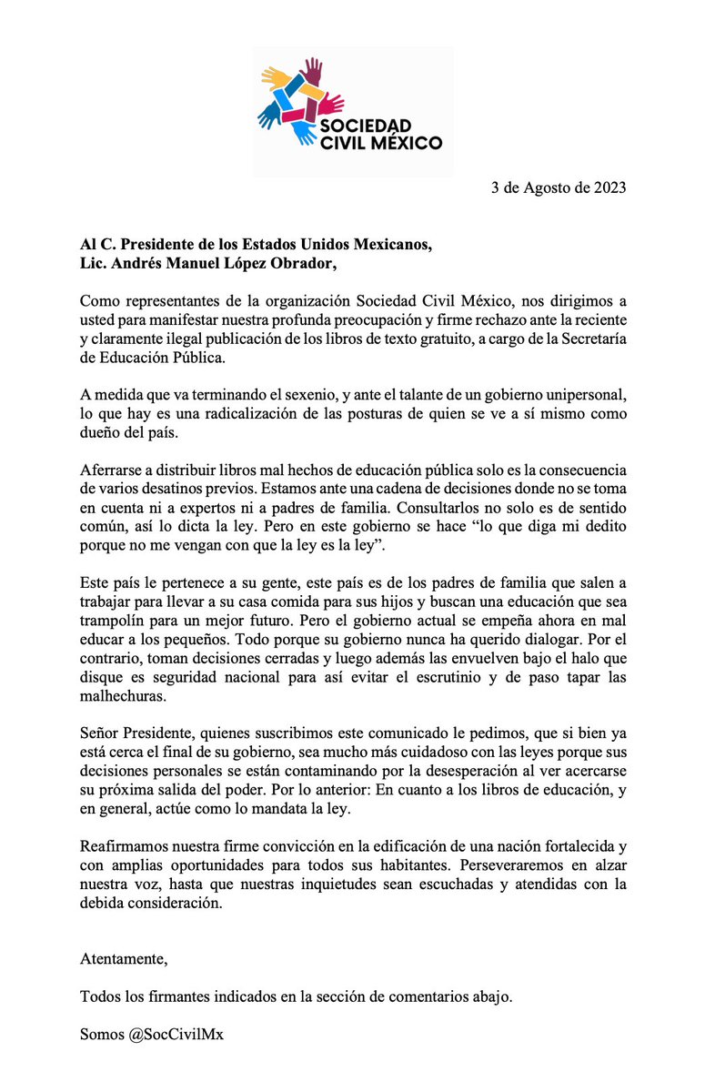 Por favor suscribe y comparte. 
------------ 
Carta al Lic. <a href="/lopezobrador_/">Andrés Manuel</a>,  

Enérgicamente, solicitamos una acción decisiva respecto a los recientes libros de texto de la Secretaría de Educación Pública. 

Exigimos salvaguardar la calidad educativa y fomentar la participación