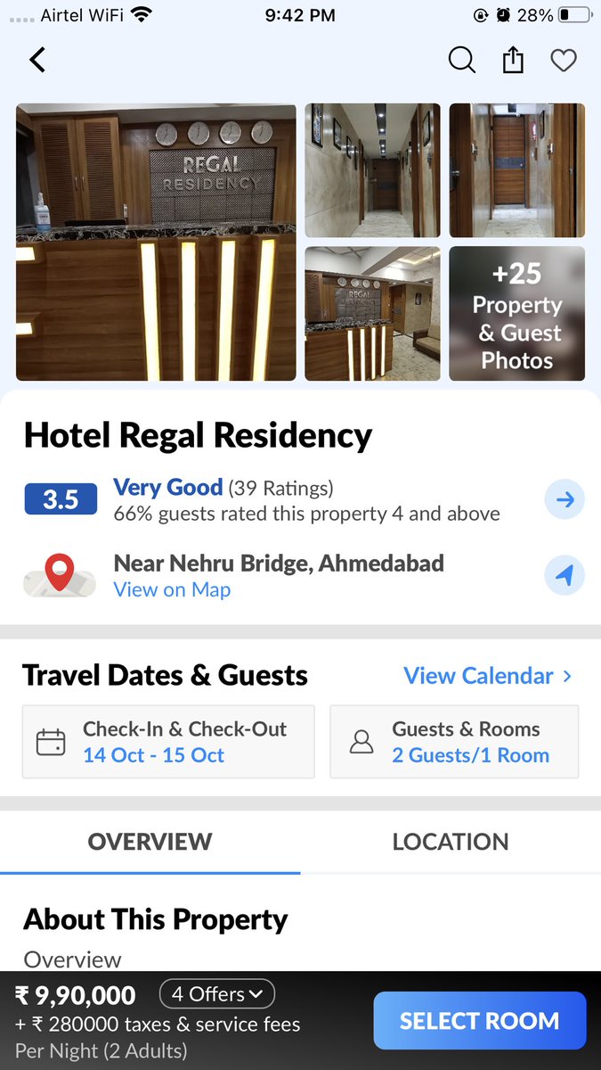 idigvijayhere's tweet photo. @makemytrip you people gone mad or what ? 
1 room with breakfast in Hotel Regal Residency Ahmedabad cost INR 12,70,005. 
Are we going to stay in PresidentHouse or White House ? @makemytripcare https://t.co/NkzjRjbSJB