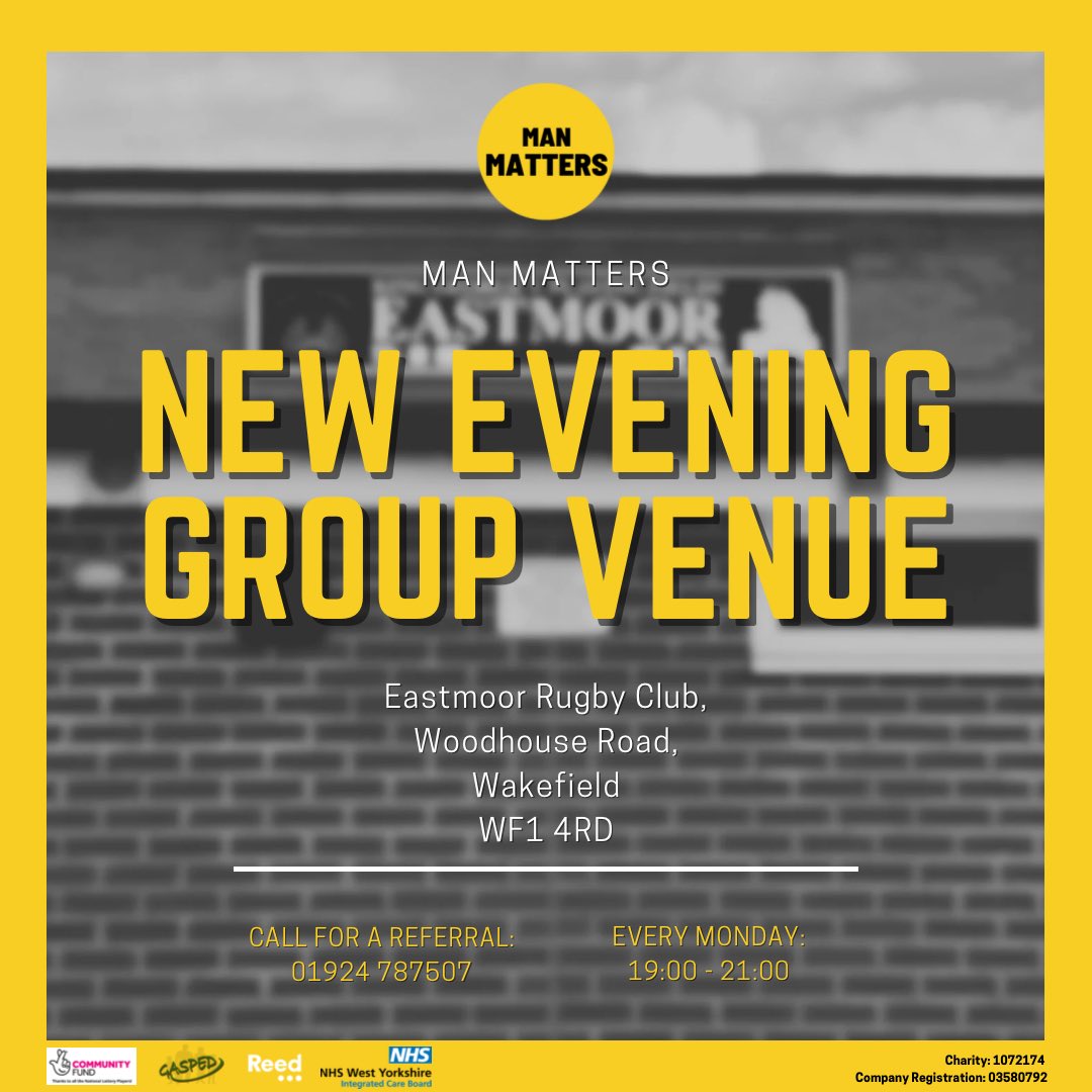 Starting Monday 14th August, our MAN MATTERS Team will be at <a href="/ArlfcDragons/">Eastmoor Dragons ARLFC</a> Rugby Club, with our Coffee Evenings.

📅Every Monday
🕙19:00-21:00
📍 Eastmoor Rugby Club, Woodhouse Road, Wakefield, WF1 4RD