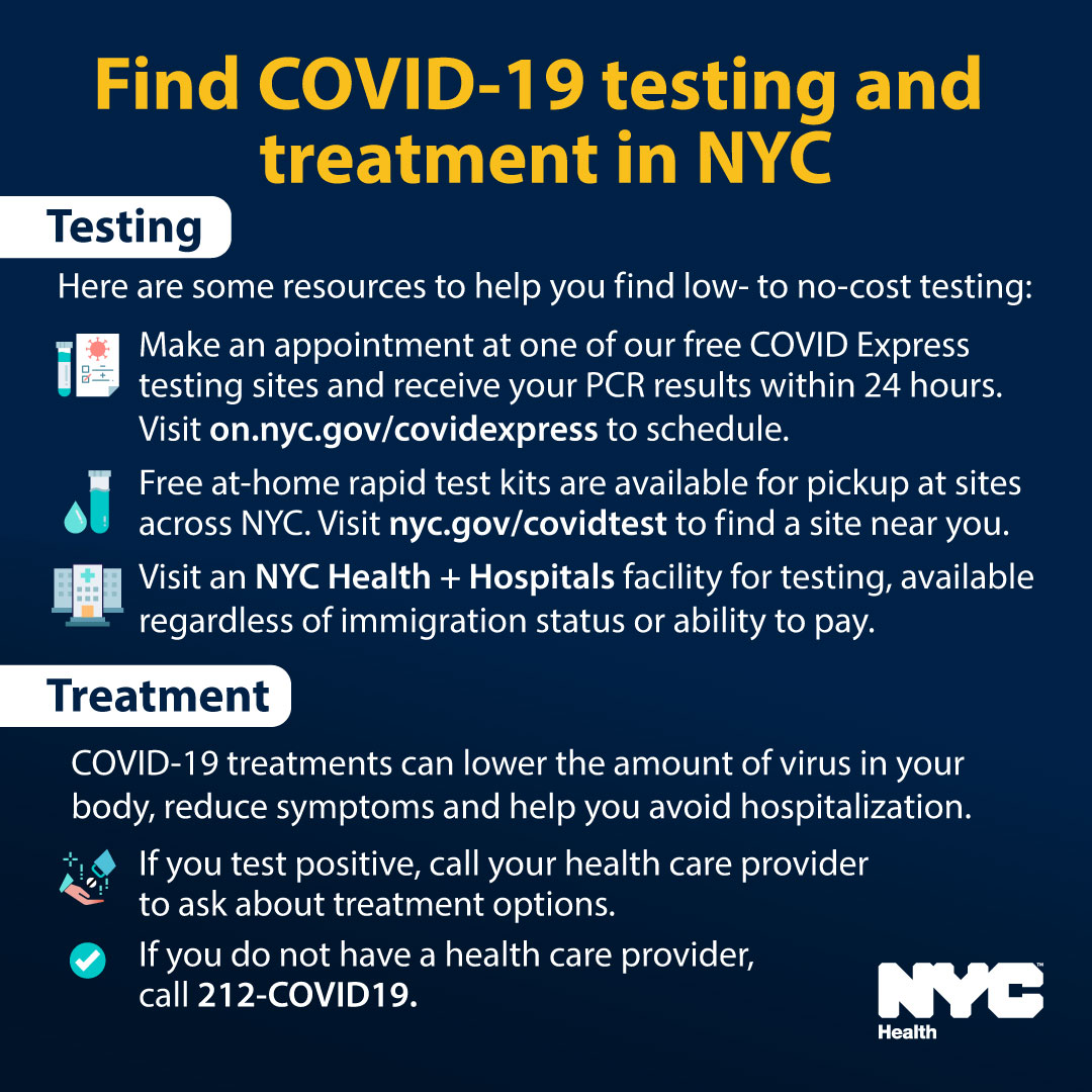 NYCHealthCommr's tweet photo. We are currently seeing an increase in COVID-19 transmission in NYC. We have tools available to keep you and your loved ones safe. If you have symptoms of COVID-19 or were recently exposed, get tested and make sure to seek treatment if you test positive: https://t.co/m1wnquSjV2 https://t.co/vmCWlMEbzb