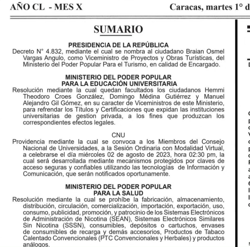 Se prohíbe en consumo, venta comercialización y distribución de los Vapers electrónicos en todo el territorio nacional Gaceta Oficial N° 42.682