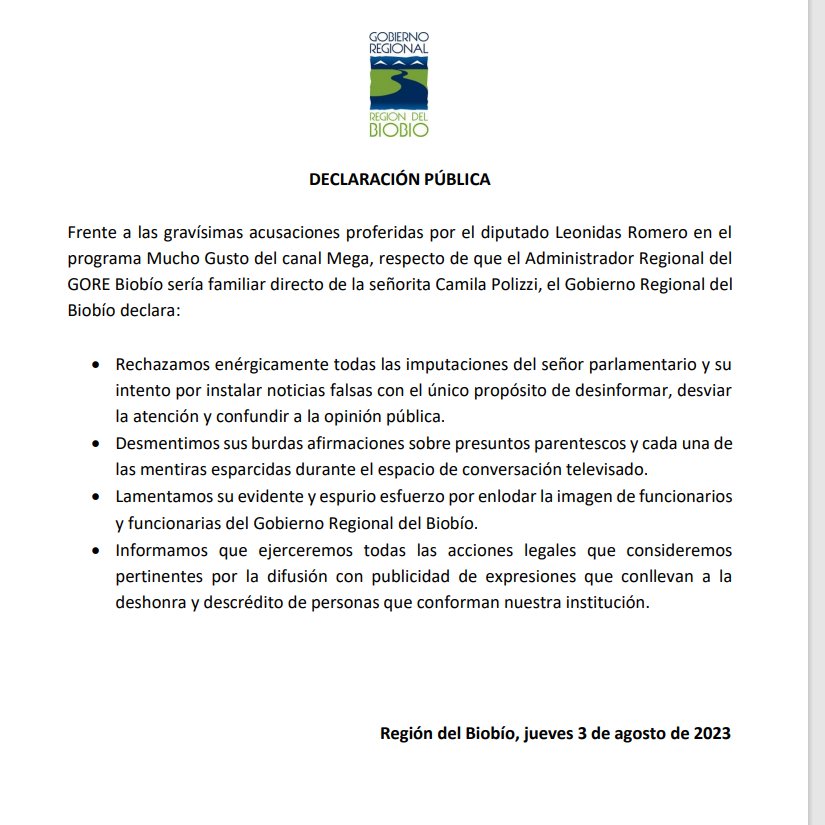 DECLARACION PÚBLICA:

Frente a las gravísimas acusaciones proferidas por el diputado Leonidas Romero en el programa Mucho Gusto de Mega esta mañana, el Gobierno Regional del Biobío declara: