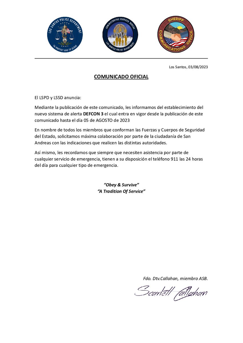 SAPDHoodStar's tweet photo. 📰 | COMUNICADO OFICIAL
Buenas tardes ciudadanos y ciudadanas del Estado de San Andreas, 

Desde la ASB y SCO adjuntamos a continuación un informe oficial sobre el cambio de alerta en el Estado de San Andreas

#LSPD #LSSD #SAPD https://t.co/CHogCFIkO6