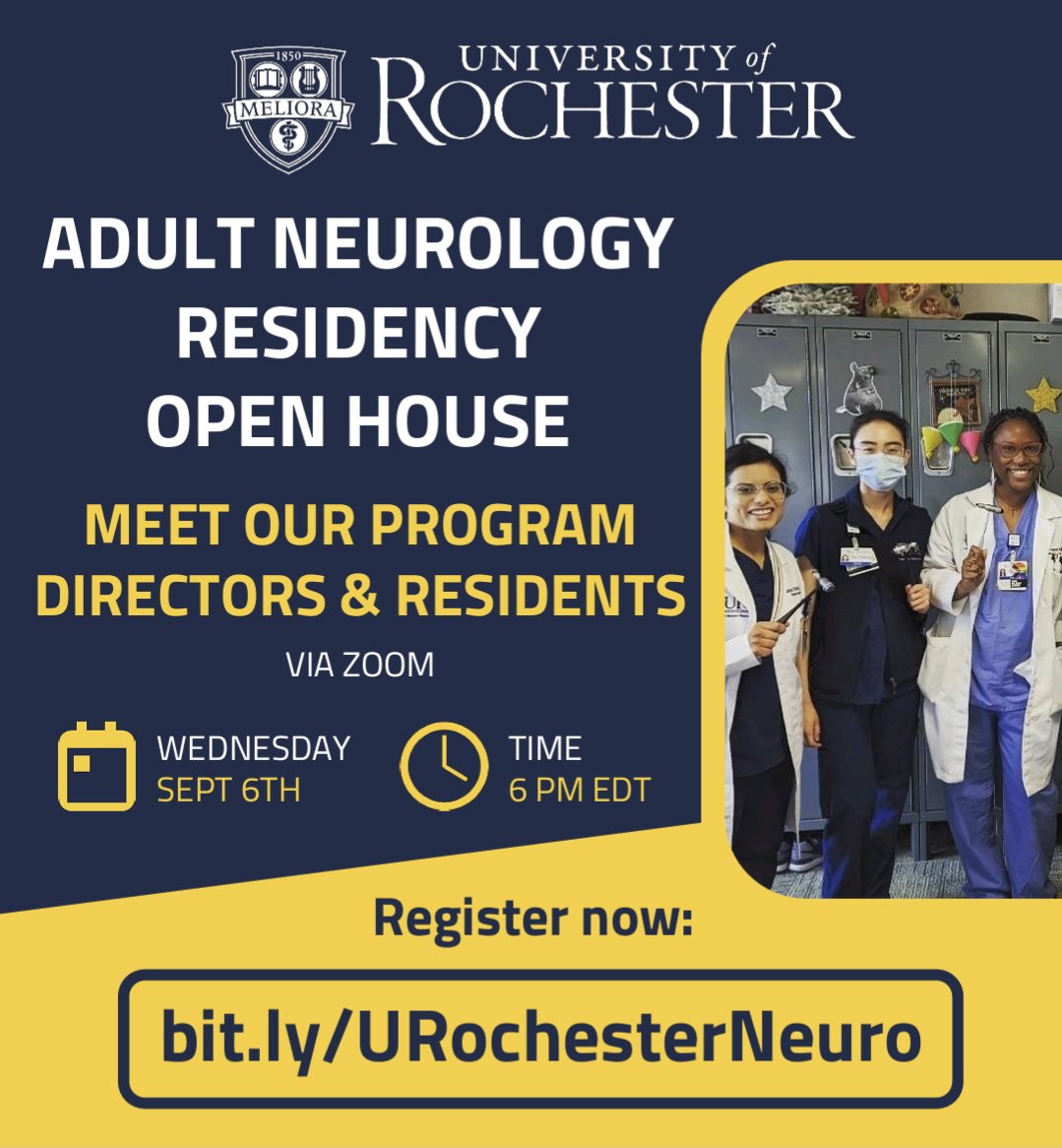 We're excited to announce our open house! Join us and meet current residents, our awesome program director, Dr. Tomcik, and get questions answered. 🧠

Register: bit.ly/URochesterNeuro

#Neurology #neurotwitter #FutureNeurologists #match2024 #nmatch2024 #neuromatch @NMatch2024