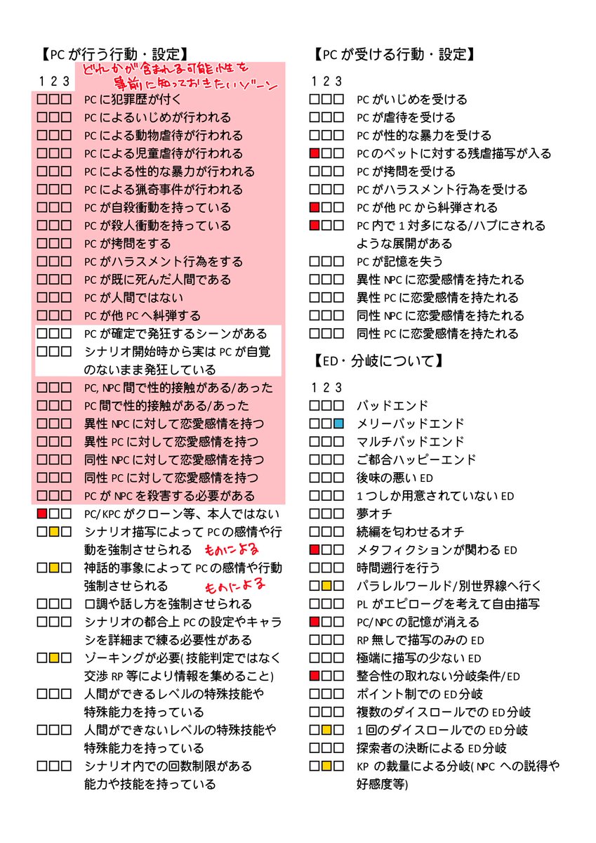 asaki010's tweet photo. 地雷チェックシートやってみたので置いておきます　適宜何らかの参考にしていただければ～！！ https://t.co/kL4YXQXivl