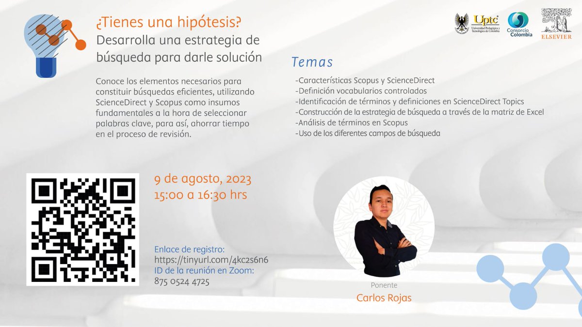 UPTCoficial's tweet image. 📅 #EventosUPTC | Conoce elementos necesarios para constituir búsquedas eficientes, utilizando #ScienceDirect y #Scopus, como insumos fundamentales a la hora de seleccionar palabras clave, para así, ahorrar tiempo en el proceso de revisión💻

Inscríbete👇 
elsevier-lan.zoom.us/meeting/regist…