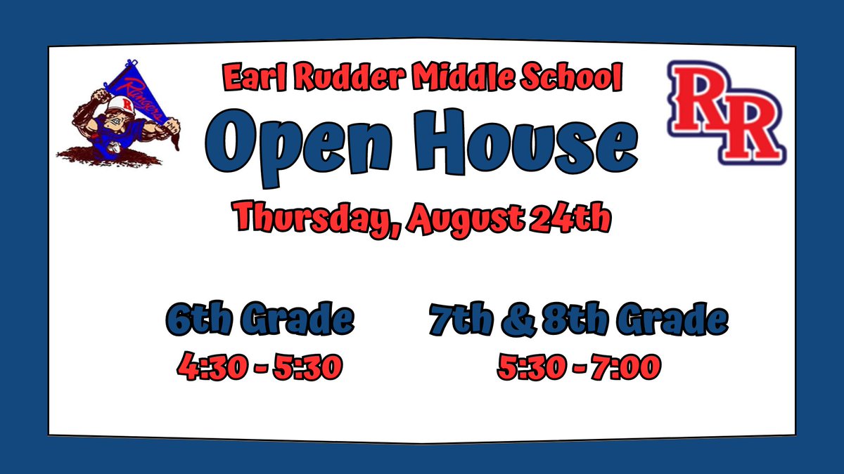 EarlRudderMS's tweet photo. Save the date for: Ranger Open House! Thursday Aug. 24th! #NISD #RangersLEAD #backtoschool https://t.co/Xv7TyWhV0q