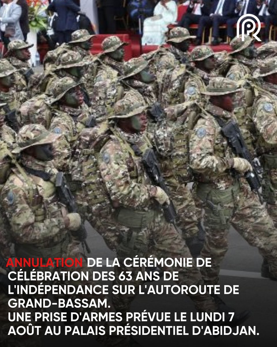 RondPointMedia's tweet photo. Annulation de la cérémonie de célébration des 63 ans de l'indépendance sur l'autoroute de Grand-Bassam.
Une prise d'armes prévue le lundi 7 août au Palais présidentiel d'Abidjan.
#LeRondPoint #cotedivoire #IndependenceDay https://t.co/3VGx230lkX