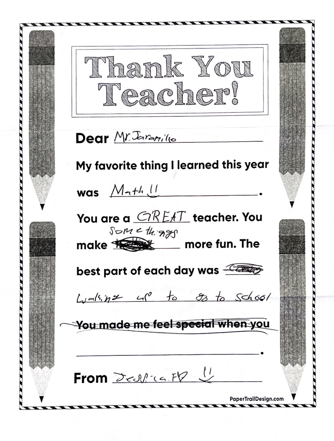 Teacher Appreciation  Card - Paper Trail Design