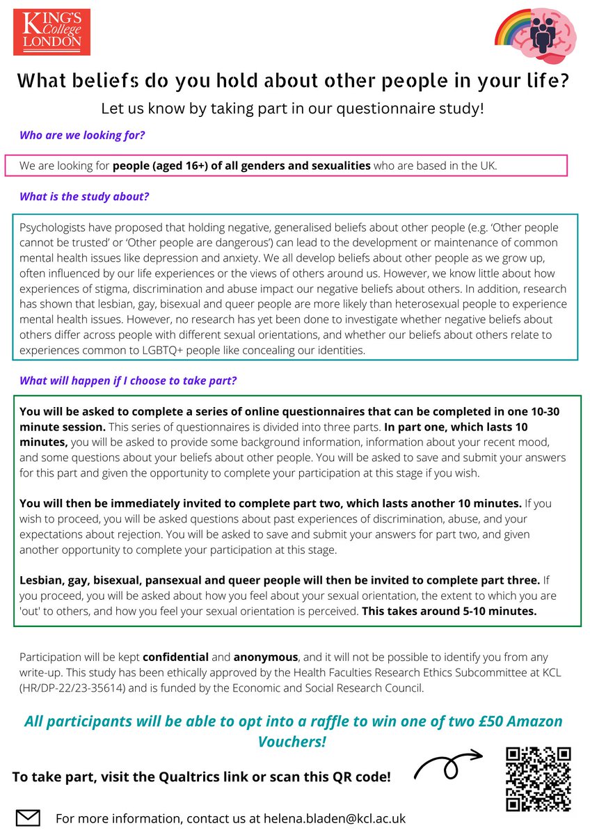 #callforparticipants to complete my survey about your beliefs about other people as part of my PhD into #mentalhealth and #wellbeing 🧠 I am particularly keen to hear from #LGBTQ people 🏳️‍🌈 Please share and RT! See link for info & to take part: qualtrics.kcl.ac.uk/jfe/form/SV_0M…