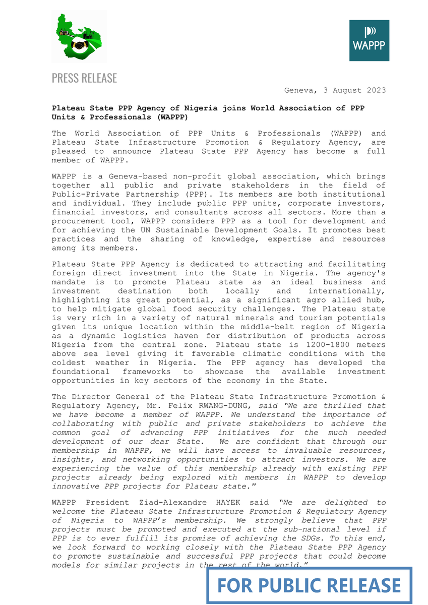 WAPPPgeneva's tweet photo. We're happy to share that the Plateau State PPP Agency of Nigeria has joined WAPPP.
#nextlevelppp #africainfrastructure #publicprivatepartnerships
@jcbarthcoullare @BisbeyJyoti @WBG_PPP @PPIAF_PPP @africappp @InfraPPP @ppp_kenya @PPPforCities @GCAdaptation https://t.co/MO1uXjD7bl