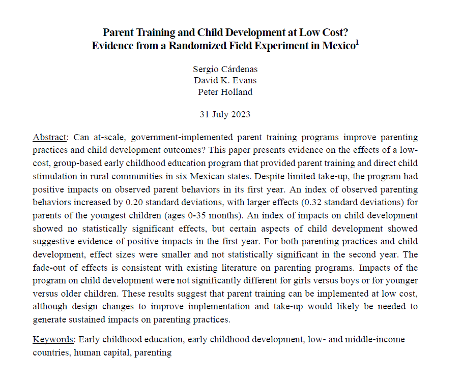 "Parent Training and Child Development at Low Cost?
Evidence from a Randomized Field Experiment in Mexico" is now forthcoming!

#PaperAccepted #GetYourManuscriptOut by <a href="/SergioCardenasD/">Sergio Cárdenas</a>, <a href="/Boutros08/">Peter A. Holland</a>, and me