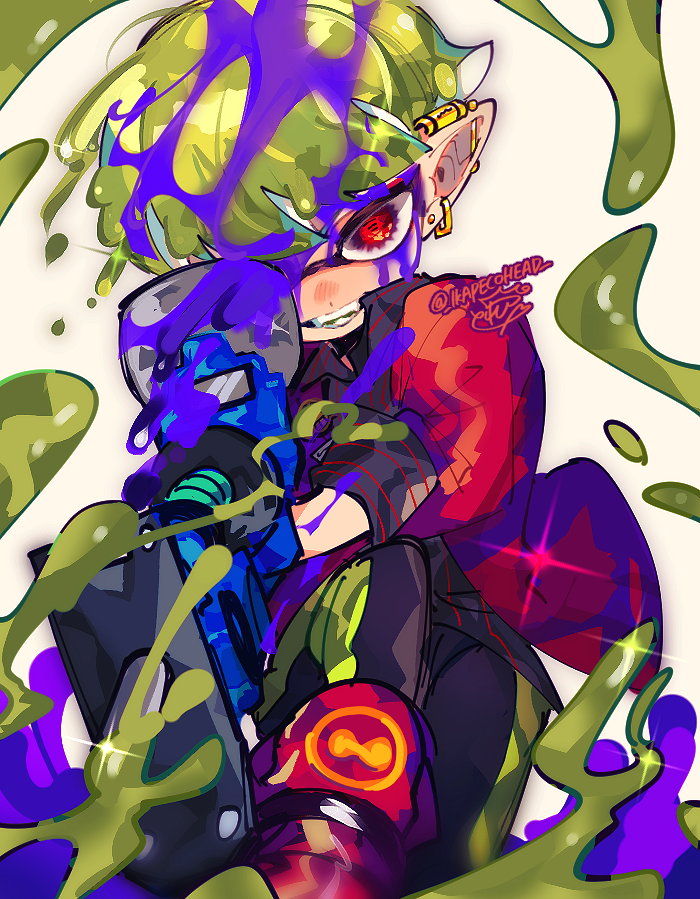 inkling 1boy red eyes male focus solo pointy ears green hair holding  illustration images