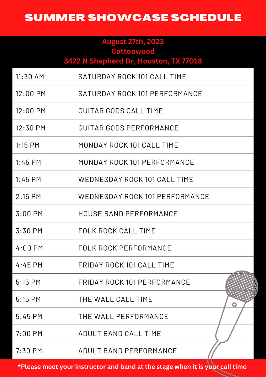 sorwestu's tweet photo. Our summer showcase is approaching! Here are everyone's set times and call times. The call time is when you should arrive at the venue. When you arrive, make sure to check in with your instructors! We can't wait to see all you guys out at Cottonwood on August 27th! https://t.co/eEkhhj1aLT