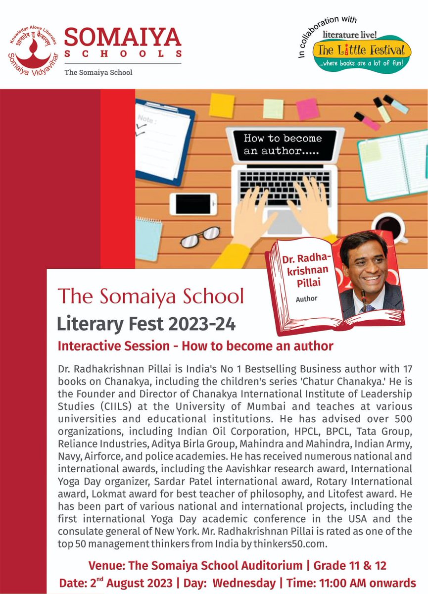 rchanakyapillai's tweet photo. "Was glad to speak with students of Somaiya School in their Literary Fest 2023-24 event, where I spoke on topic,  'How to be an Author'.✍️

It was wonderful interacting with all the students. Thank you for having me there." 🙏

#SomaiyaSchool #HowToBeAnAuthor https://t.co/8bkRkNXn90