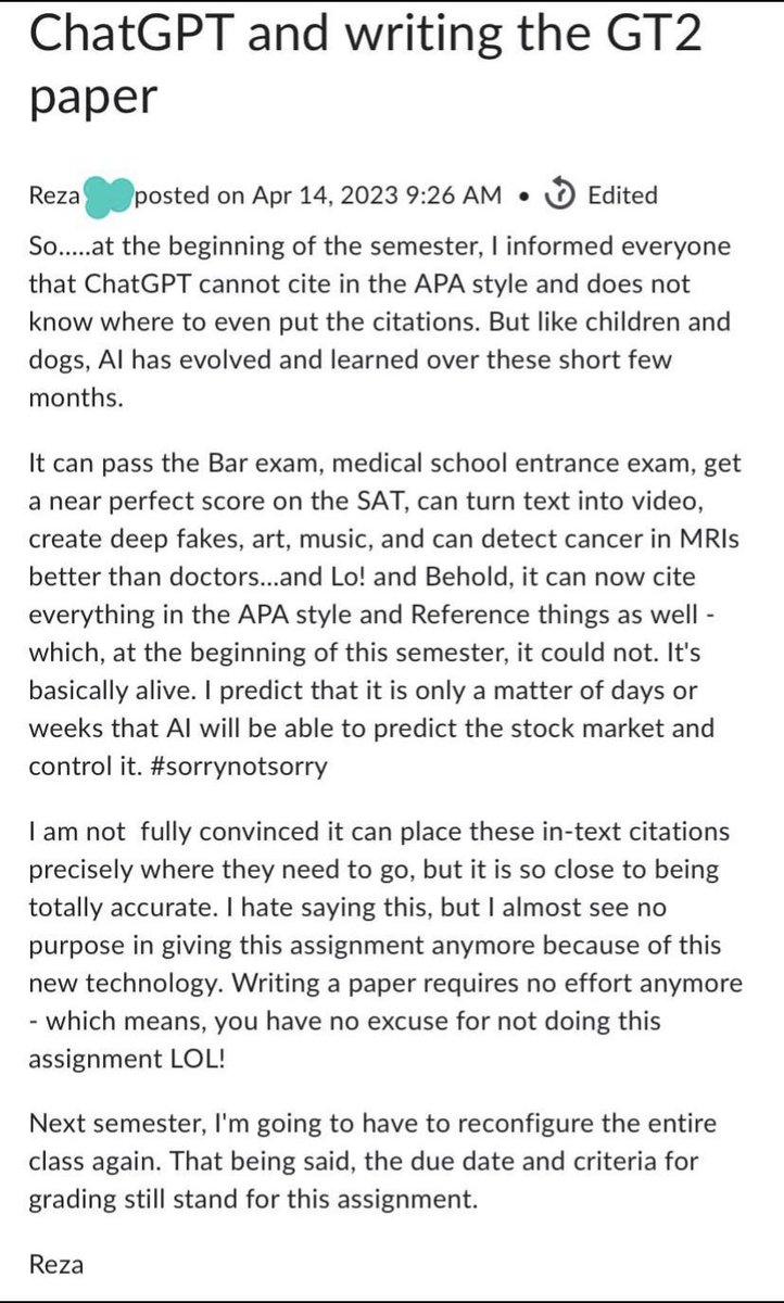 ChatGPTGoneWild's tweet photo. Professor losing their mind because of ChatGPT: https://t.co/Cb2Kuns7JH