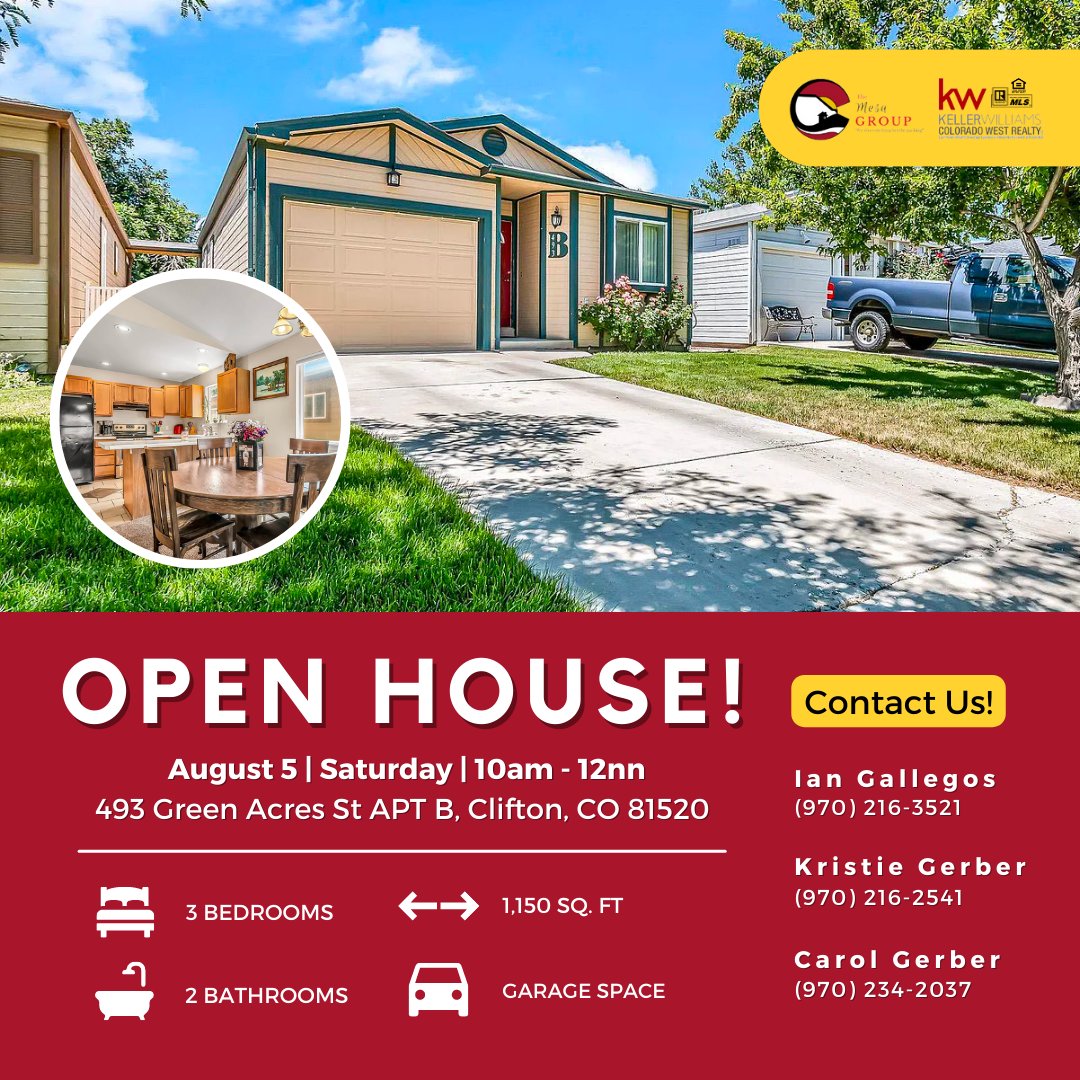 MesaGroupKW's tweet photo. 📣 OPEN HOUSE SATURDAY 📣 
📍 493 Green Acres St APT B, Clifton, CO 81520 
⏰ August 5, 2023 | Saturday | 10am - 12nn

Enjoy the covered patio, private fenced backyard with flowers &amp; pond. Close to shops &amp; dining. Great price! Don't miss it! Call for a private showing! https://t.co/jKv3pyM3BG