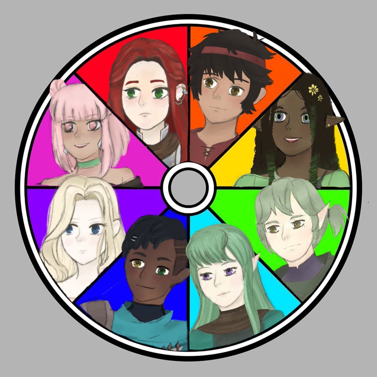 ProjectMigrate's tweet photo. To show off some of the Project: Migration character portraits, I did the color wheel art challenge! 💙

Red- Helena
Orange- Iden
Yellow- Bloom
Green- Kalonj
Cyan- Hiro
Dark blue- Alos
Purple- Kaiya
Pink- Cerene https://t.co/cFHS4F5ha9