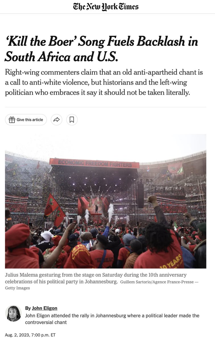 So let's get this straight: Jason Aldean's "Try that in a Small Town" is a racist anthem, but the conservative response to the anti-white anthem "Kill the Boer" misses the context and it blown out of proportion. Typical for The New York Times.