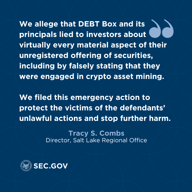 SECGov's tweet photo. We obtained a temporary asset freeze, restraining order, and other emergency relief against DEBT Box and its four principals, Jason Anderson, his brother Jacob Anderson, Schad Brannon, and Roydon Nelson in connection with a fraudulent scheme to sell crypto asset securities.