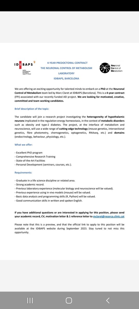 We have an exciting opportunity for a PhD position in our lab <a href="/idibaps/">IDIBAPS</a>. Join our vibrant team and dive deep into the brain control of metabolism. Please note that the official link to apply will be released in September. So stay tuned! See below.