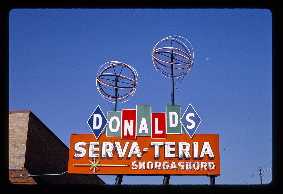 oldroadside's tweet image. donald's serva-teria restaurant sign, route 54, pratt, kansas, 1993